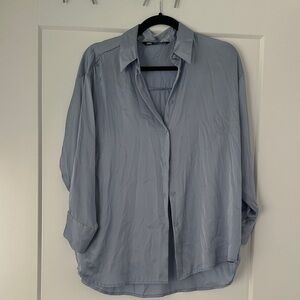 Zara Light Blue Silk Women's Oversized Button-Down Shirt (XS)